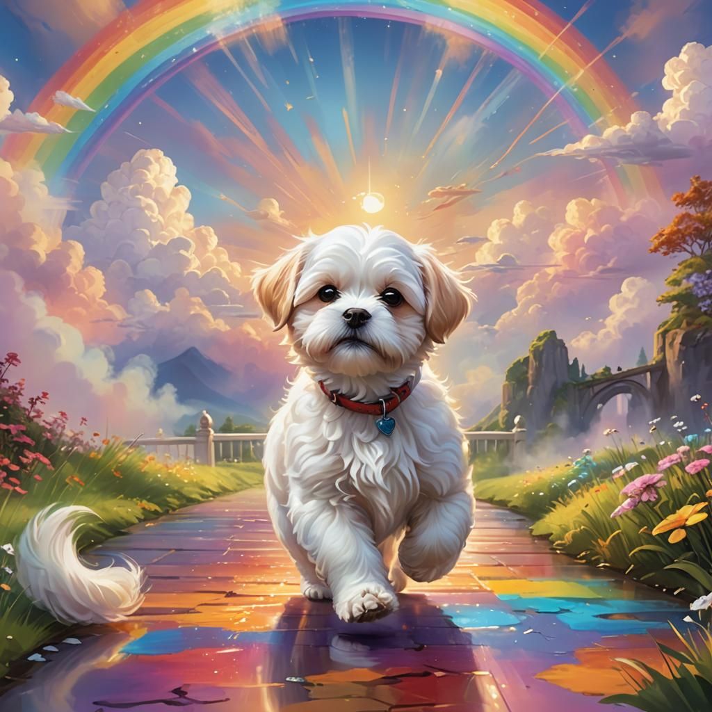 Puppy Crossing Rainbow Bridge in Vibrant Cartoon Style