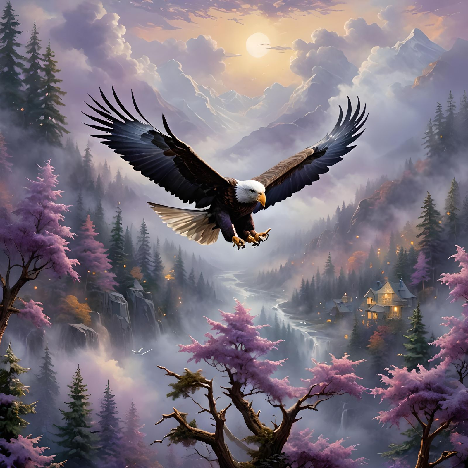Purple Bald Eagle in Ethereal Sky