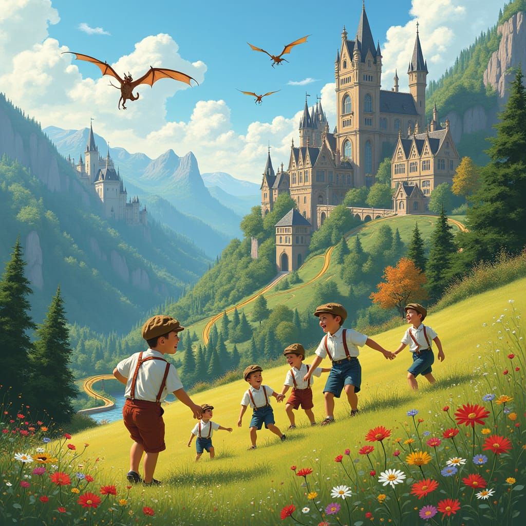 Fantastical Mountain Meadow with Castles and Dragons
