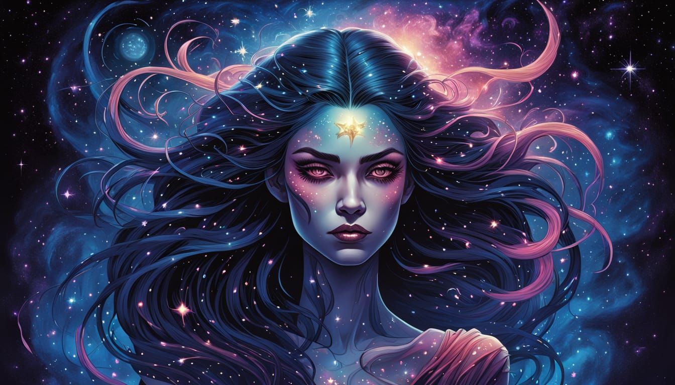 Vampire Goddess with Galaxy Hair, Airbrush Art