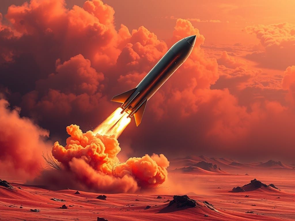 Surreal Martian Rocket Blastoff in Vibrant Deep Pastels