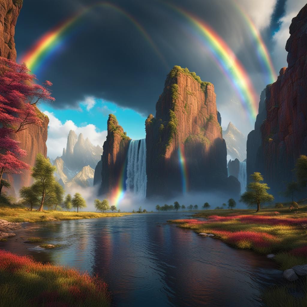 Vibrant Double Rainbow: Detailed Fantasy Art
