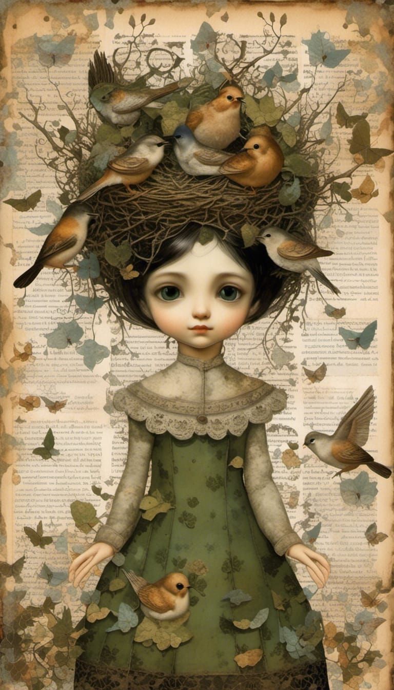 Gothic Moss Princess Collage with Bird Nest