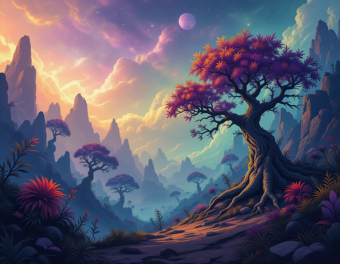 Teslapunk Spacecore Colony with Vibrant Alien Flora