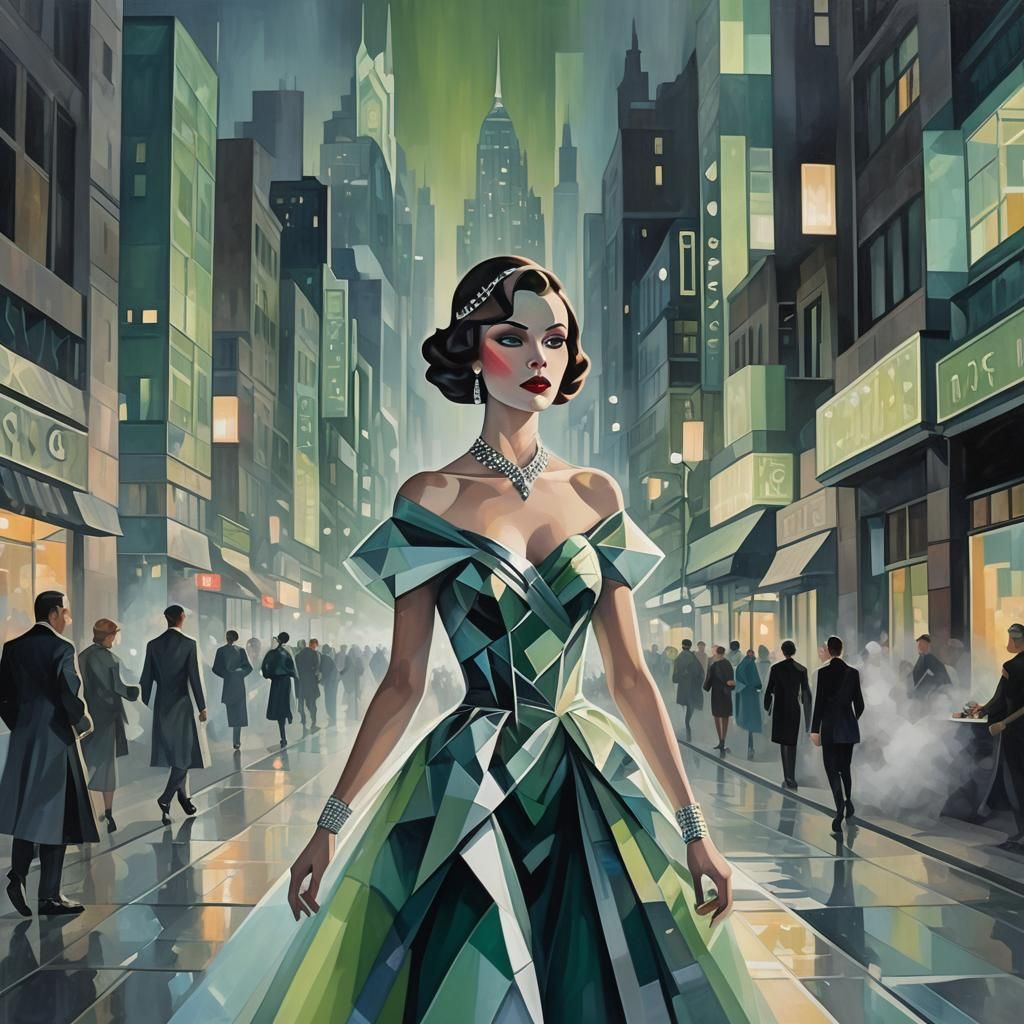 Cubist Lady in Avant-Garde Gown, Geometric Cityscape