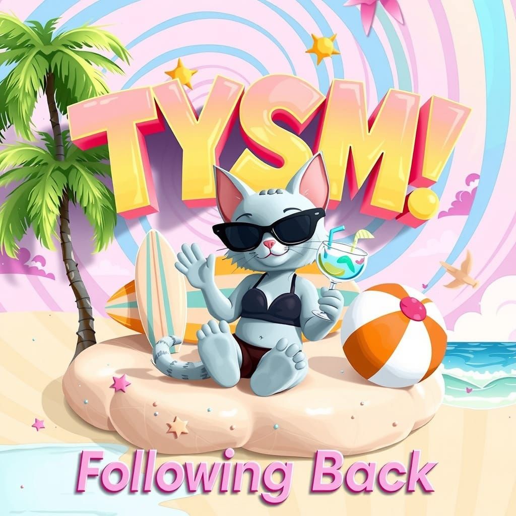 Vibrant and playful raised text that says "TYSM Following Back" set against a subtly textured backdrop in a whimsical, m...
