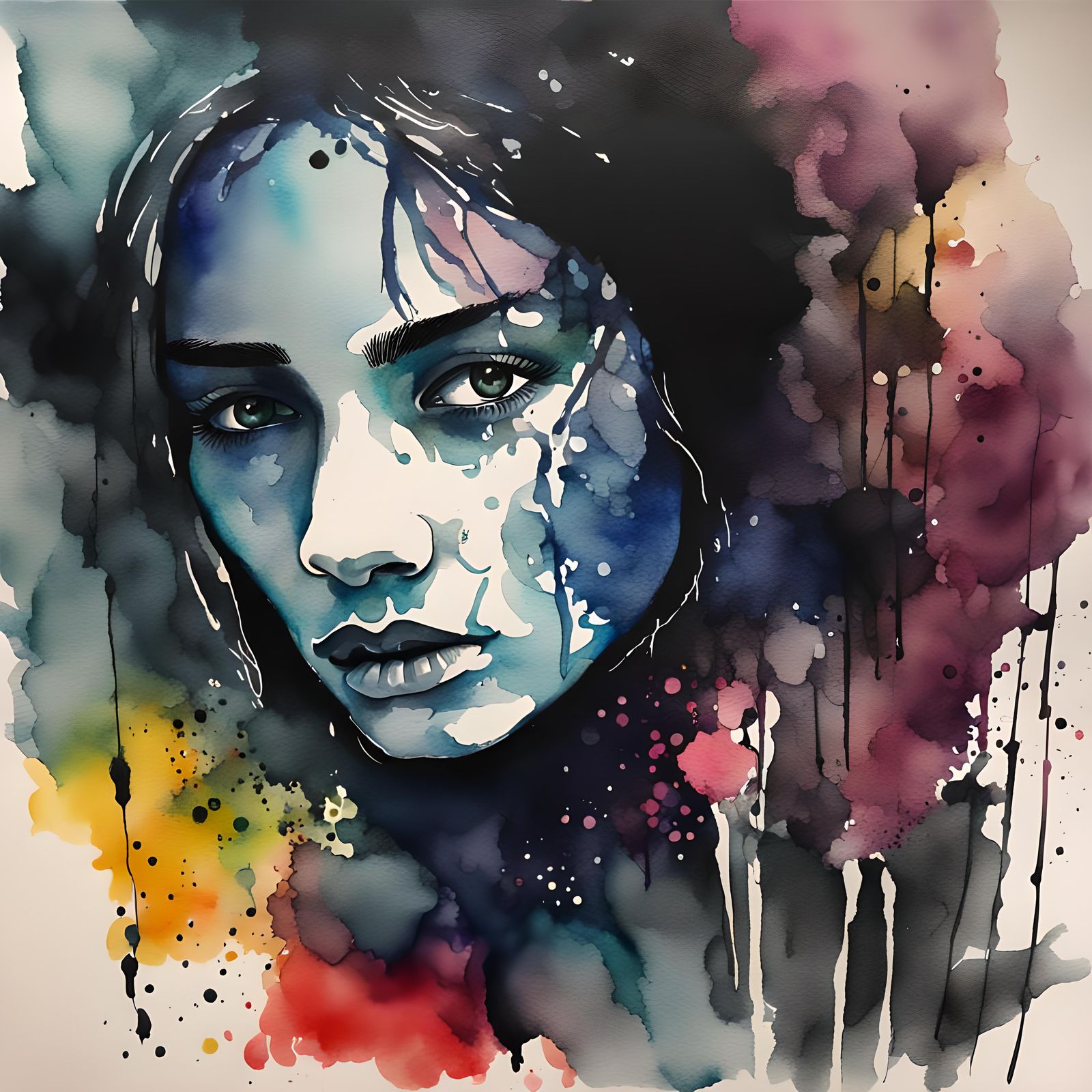 Vivid Watercolor of Woman in Dark Ink