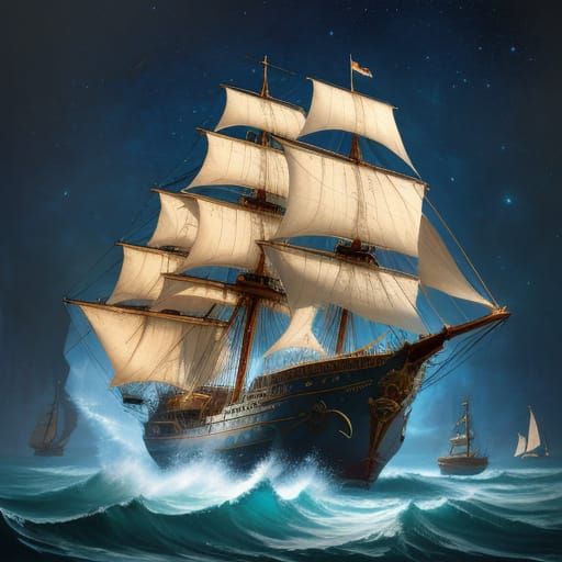 Surreal Galleon Sailing on Paint Sea in Impasto Acrylic Styl...