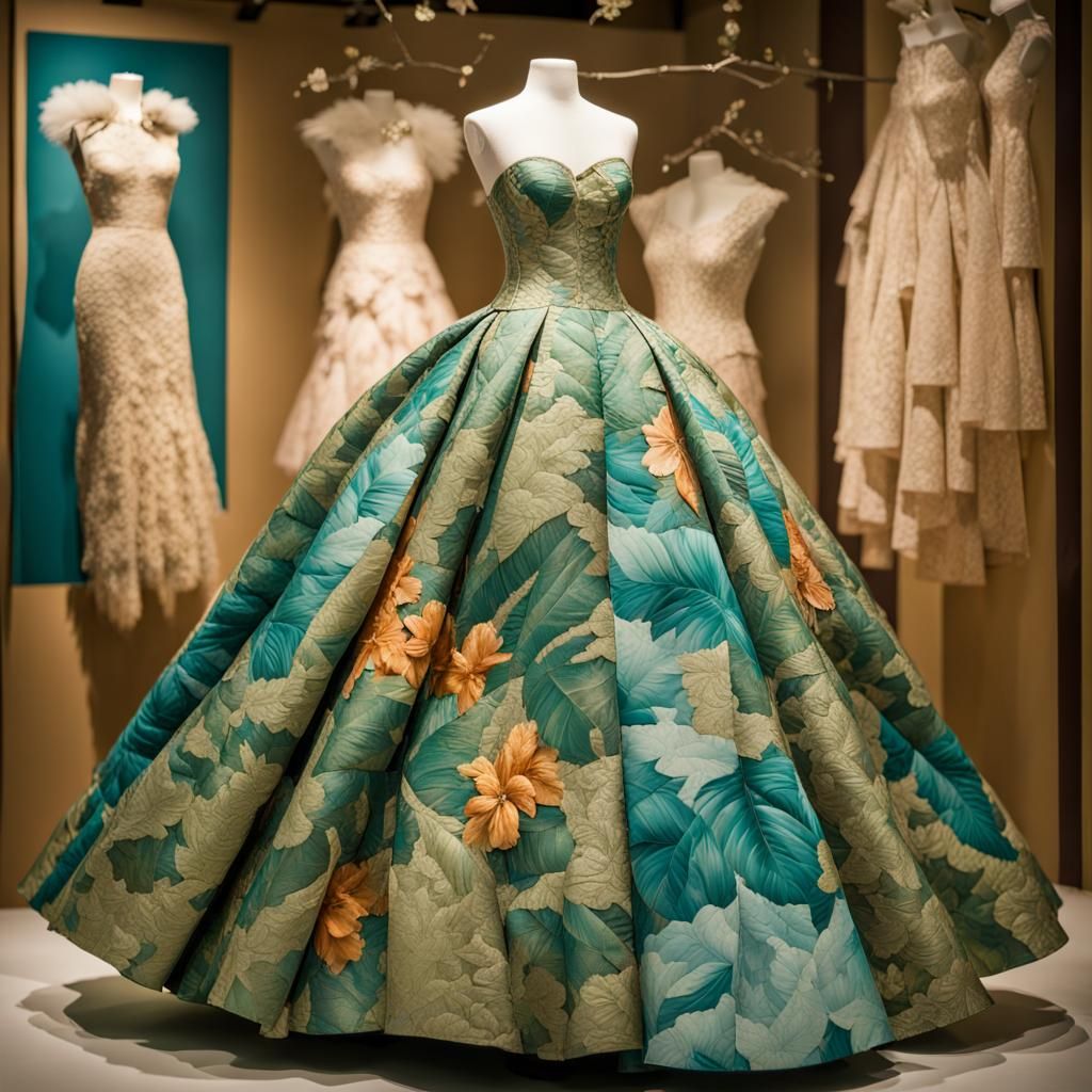 Paper Collage Ball Gown on a Armless Mannequin, Tropical Rainforest Color Palette, Brocade Textured Paper, Lace Bodice w...