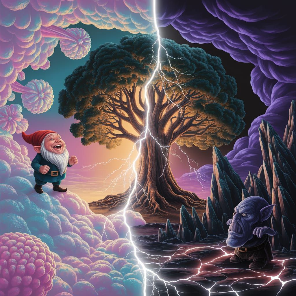 Contrasting Realms: A Digital Art Tree of Light and Dark