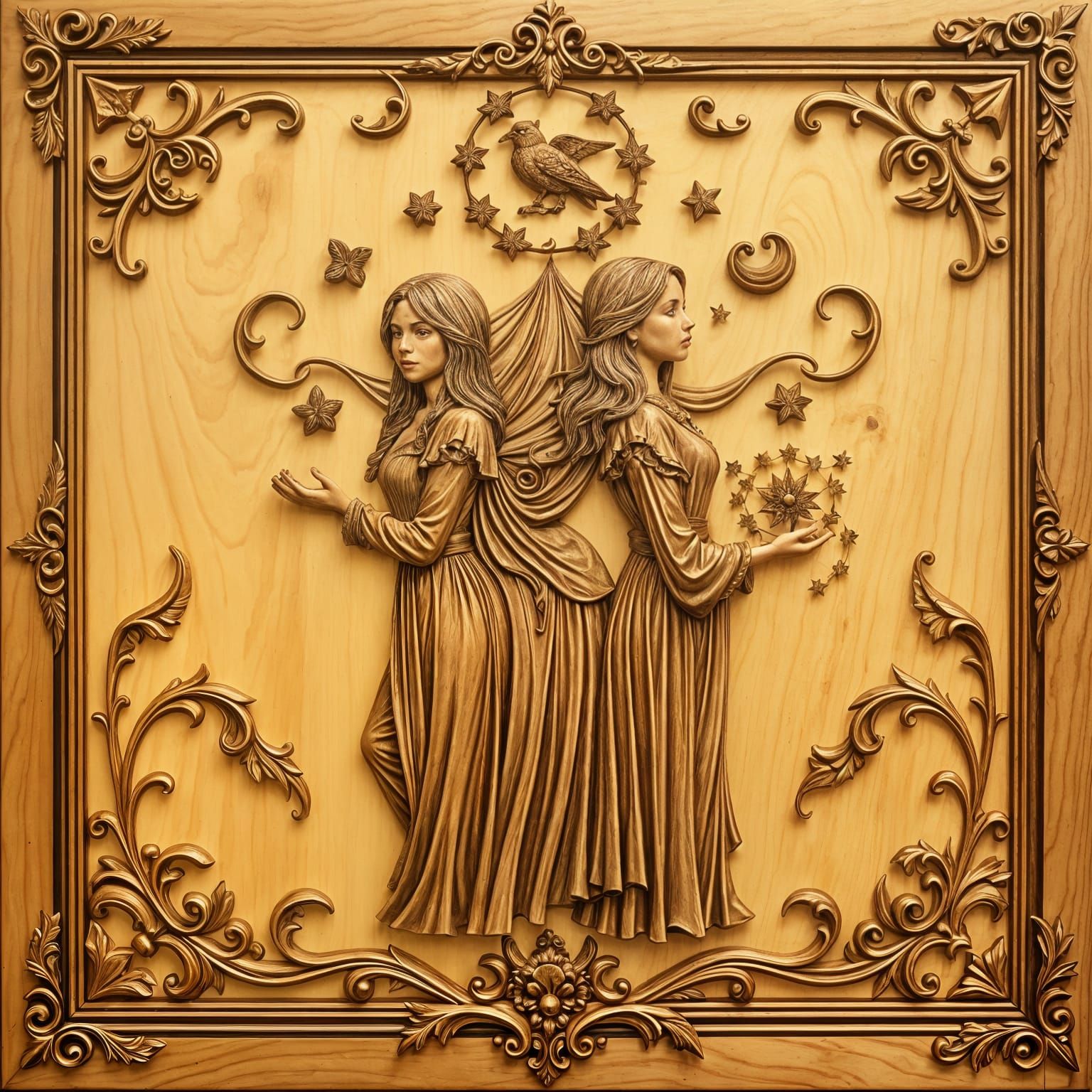 Charmed Scene in Richly Detailed Wood Relief