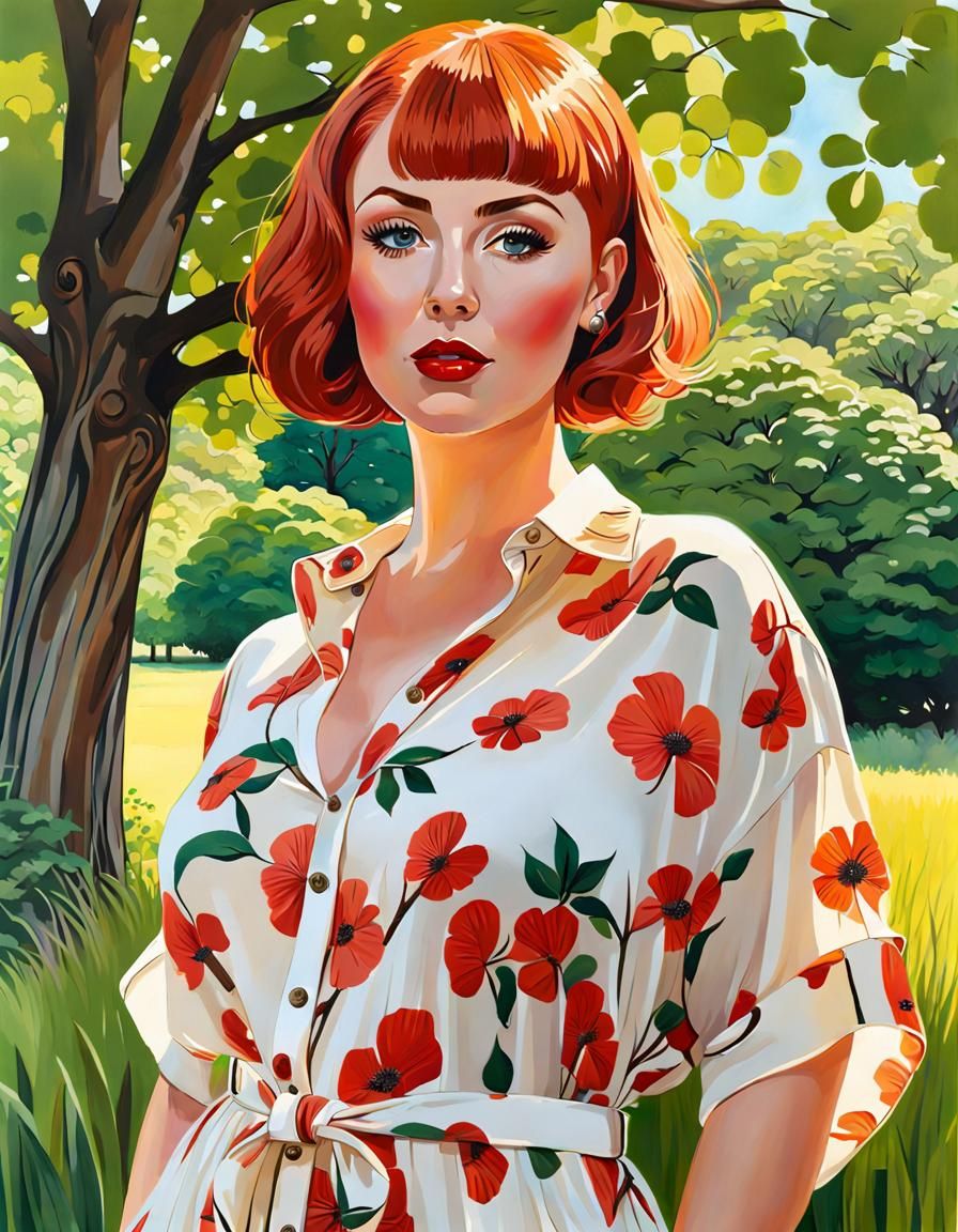Enticing Irish Woman in Summer Dress, Oil Painting
