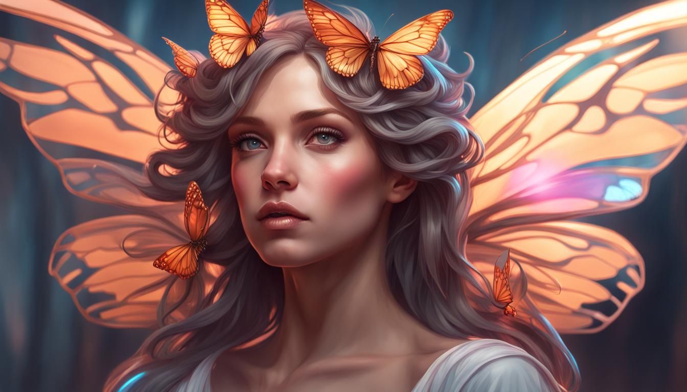 Angelic Portrait with Butterfly Wings in Art Nouveau Style