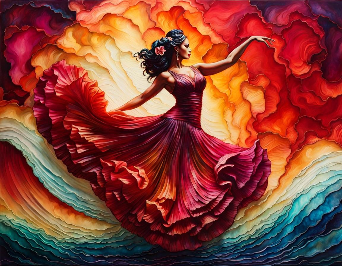 Flamenco Dancer on Tidal Wave in 3D Alcohol Ink