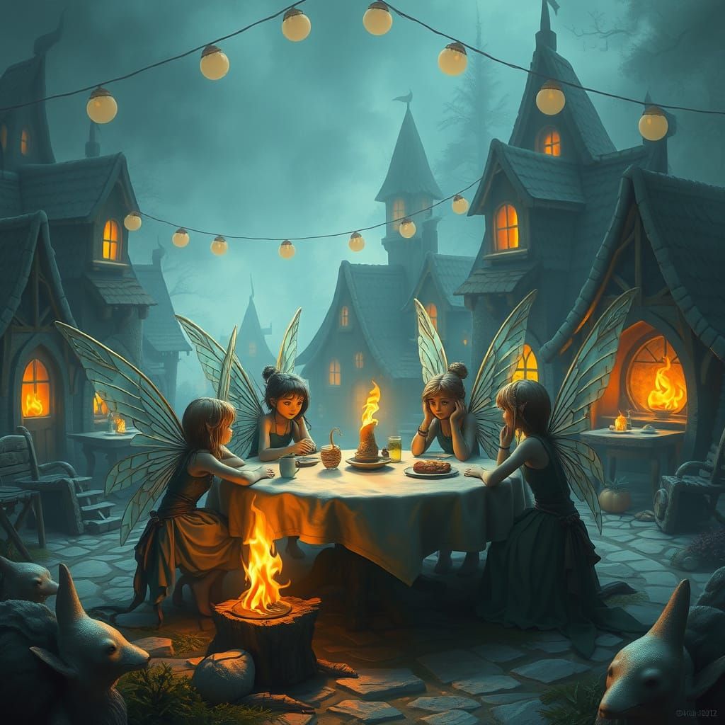 Whimsical Village Gathering in Detailed Matte Painting
