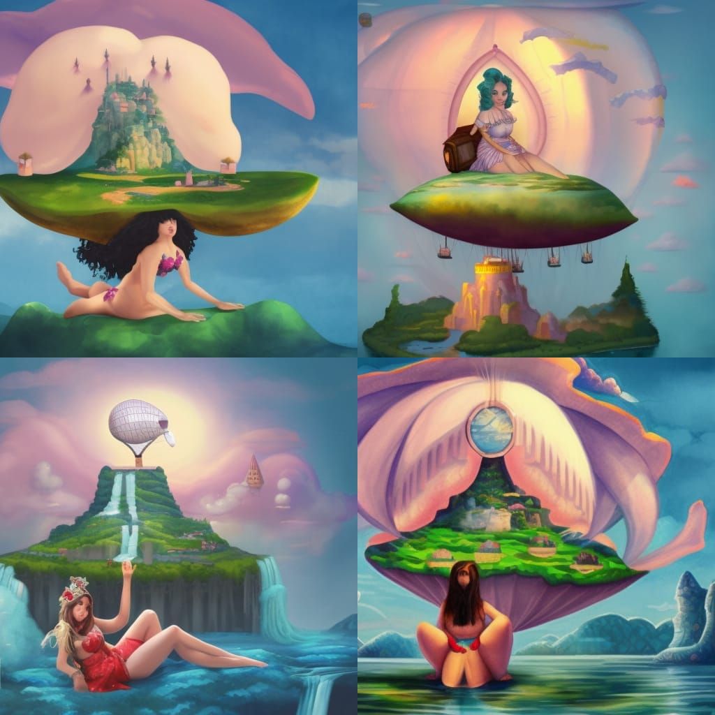 Giantess on Floating Island: Gouache and Watercolor Fantasy