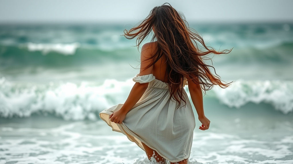 Woman in Ocean Surf: Photorealistic Coastal Scene