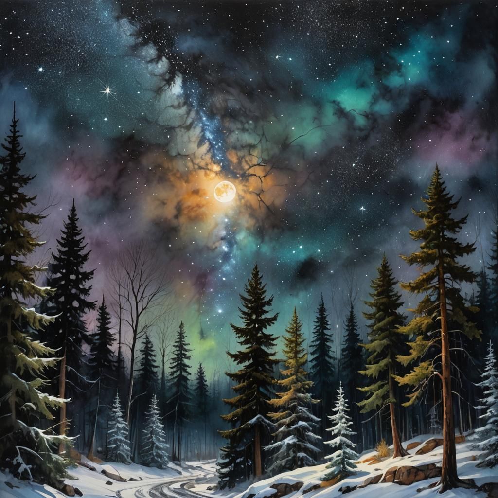 Winter Sky with Meteor Shower, Impressionist Mixed Media