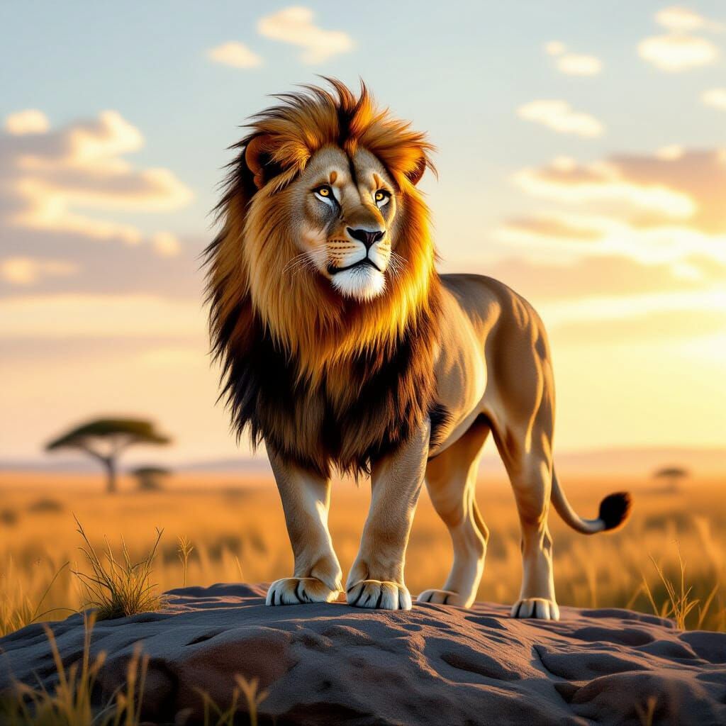 Majestic Lion in Savannah at Golden Hour