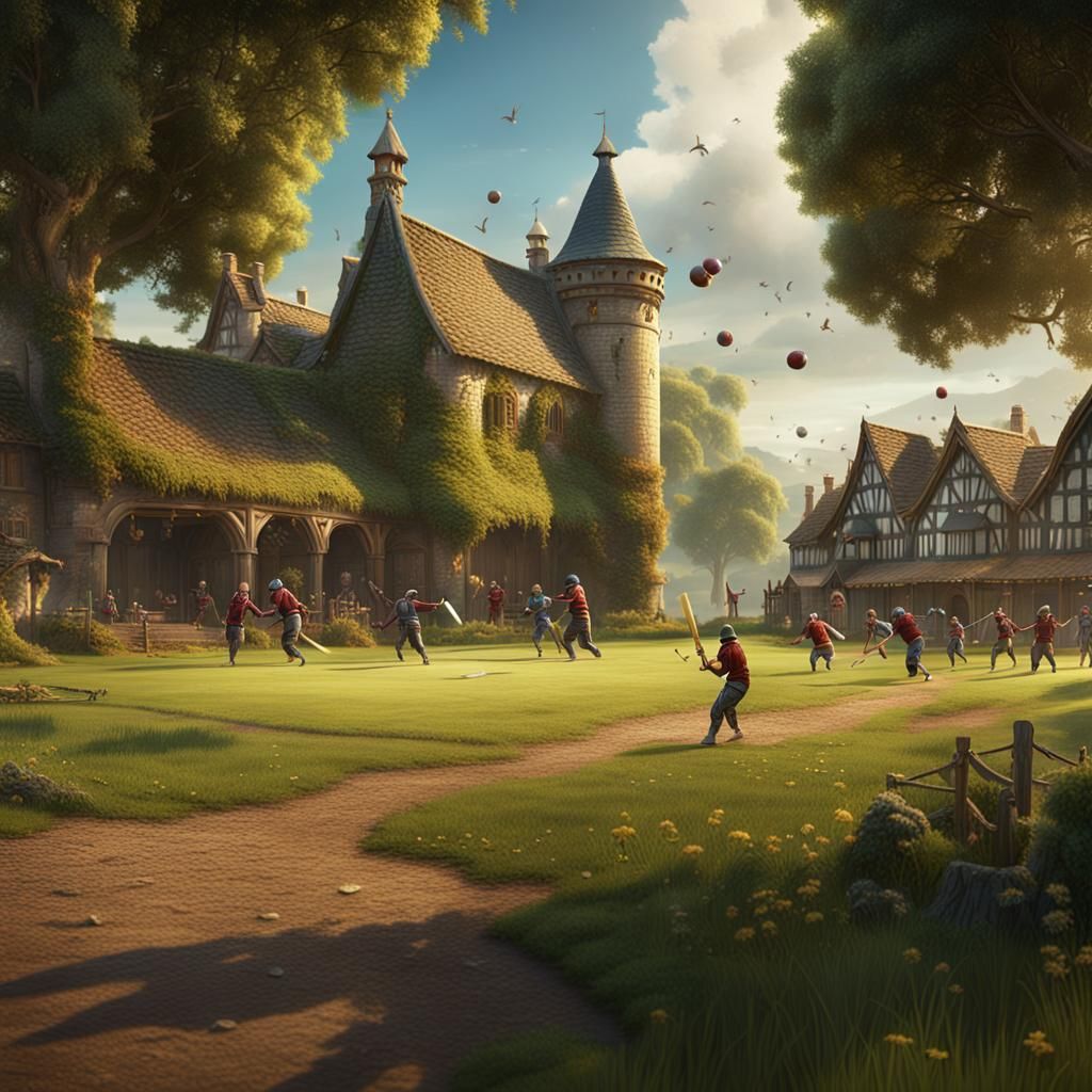 Cricket Game on Village Green: Detailed Matte Painting