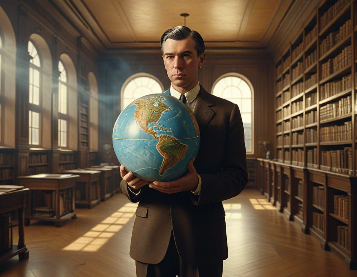 Surrealist in a Vast Library, Holding a Glowing Globe