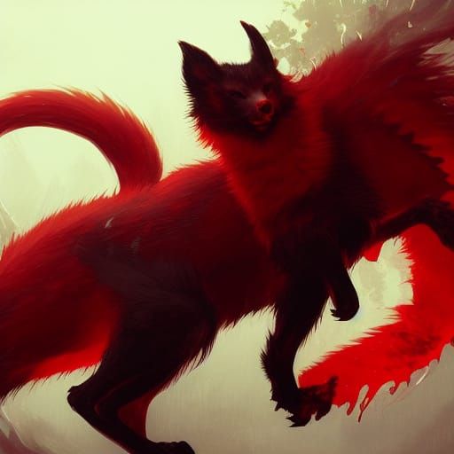 Red and Black Kitsune Demon in Dark Fantasy Style