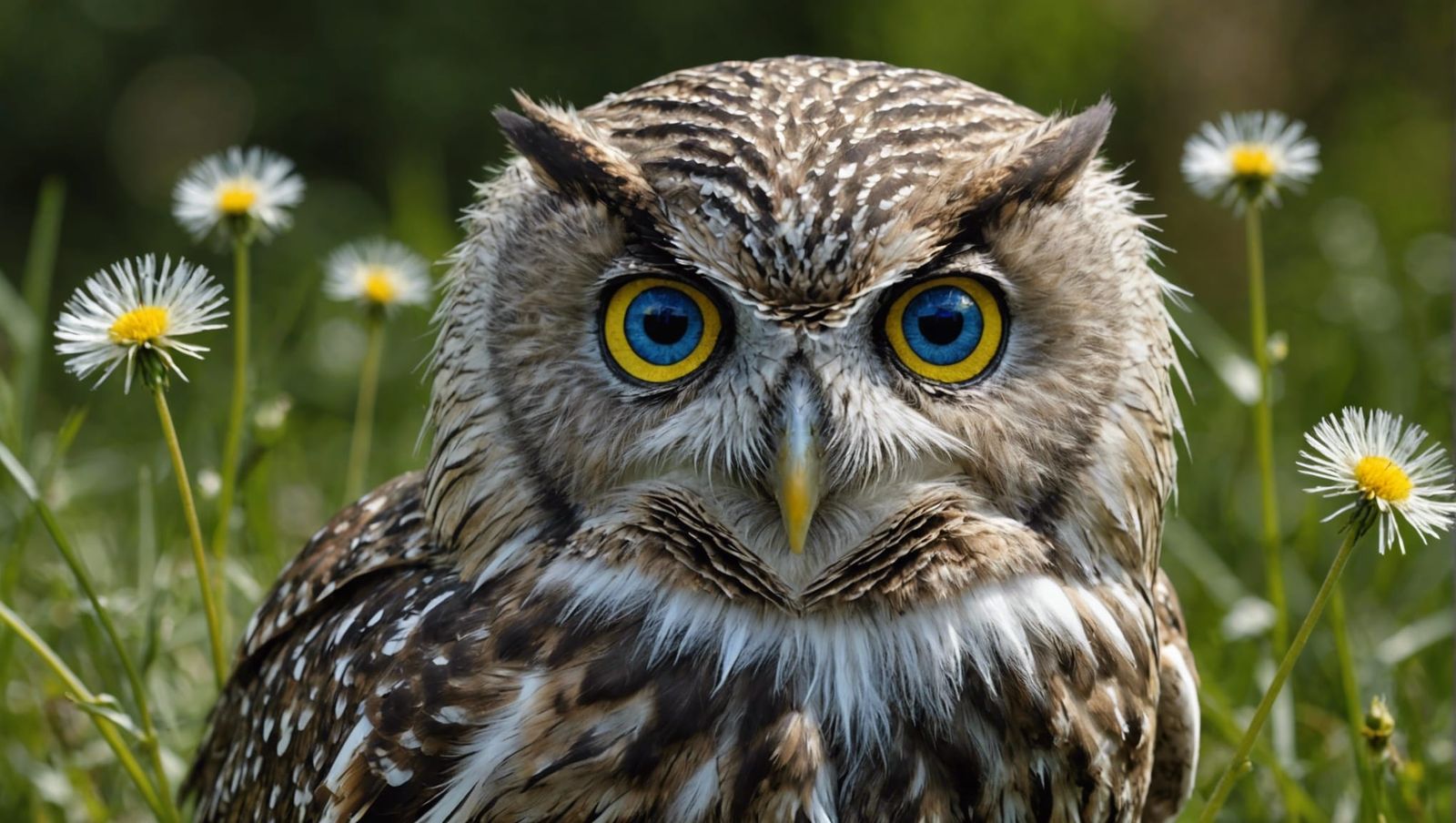 Wise Owl with Bright Blue Eyes and Dandelion Feathers