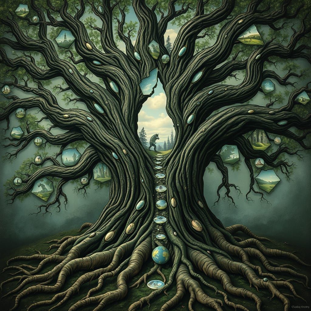 Surreal Tree Portal Unveils Whimsical Realms in Cracked Mirr...