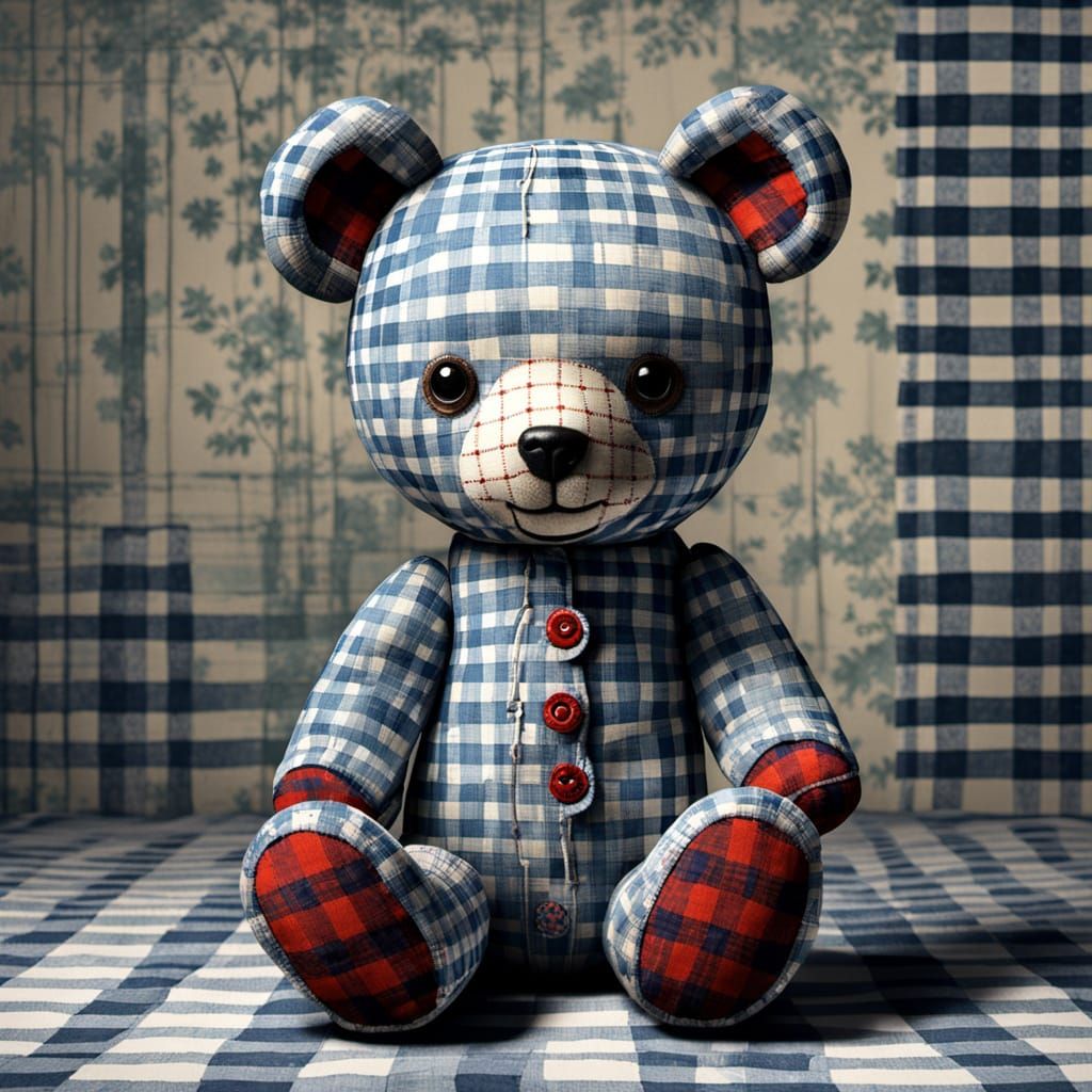 Vintage Gingham Teddy Bear in Handmade Plaid Surroundings