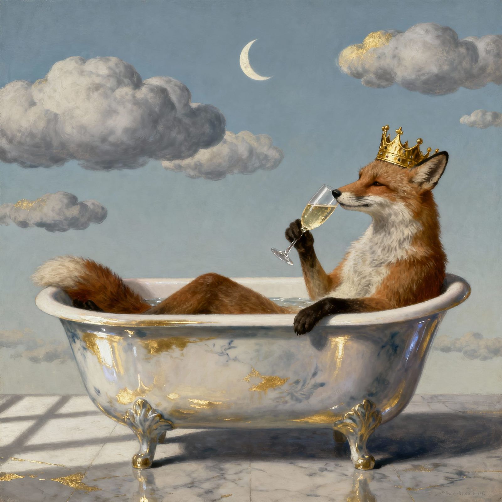 Surreal Fox Queen Enjoys Champagne in Bath