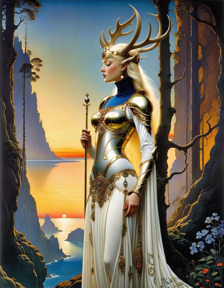 Armored Woman with Antlers in Sunset Light