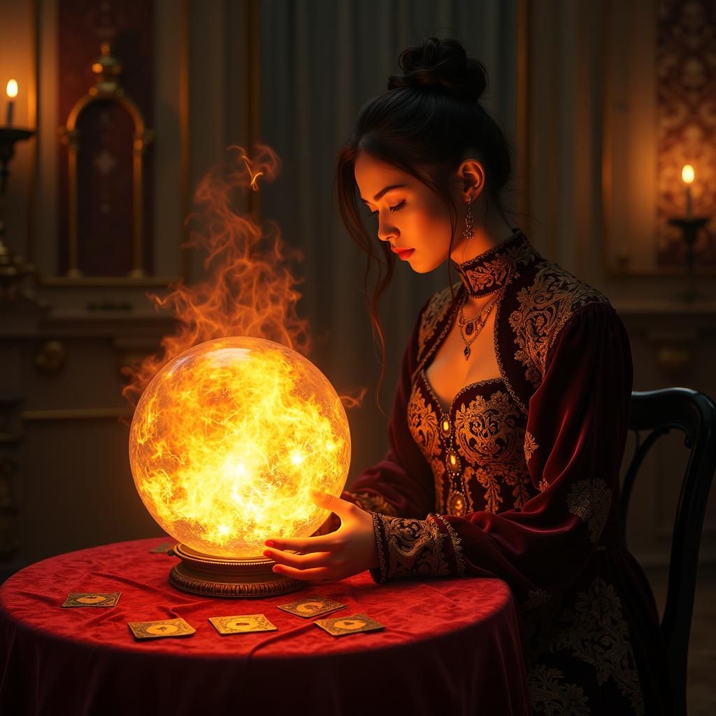 Mystical Fireball and Fortune Teller in Dark Chamber