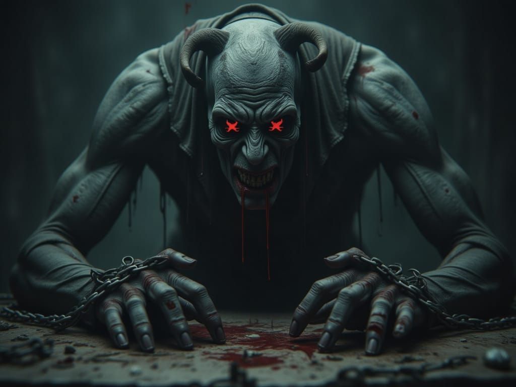 Chained Demon with Glowing Biohazard Eyes