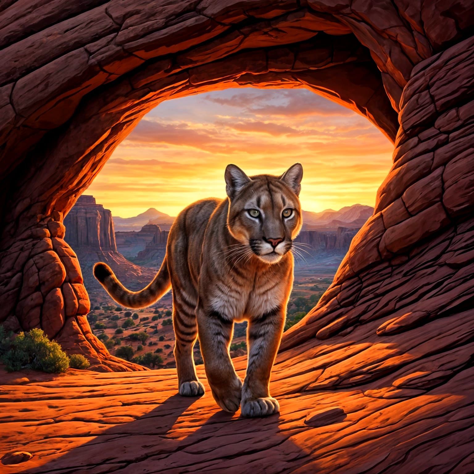 Mountain Lion at Moab's Arches in Warm Sunset Light