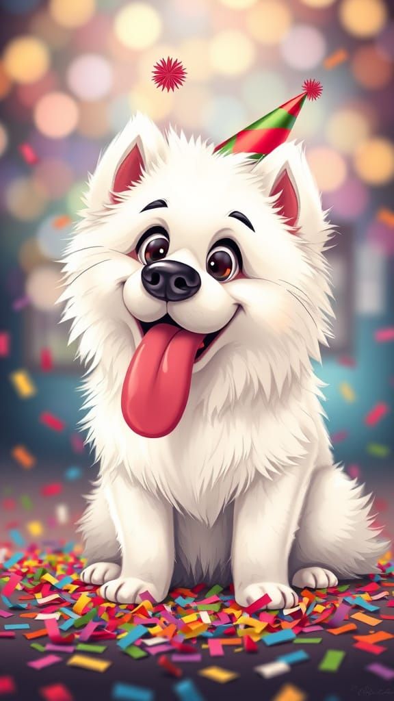 Fluffy Samoyed Caricature with Big Tongue and Party Hat