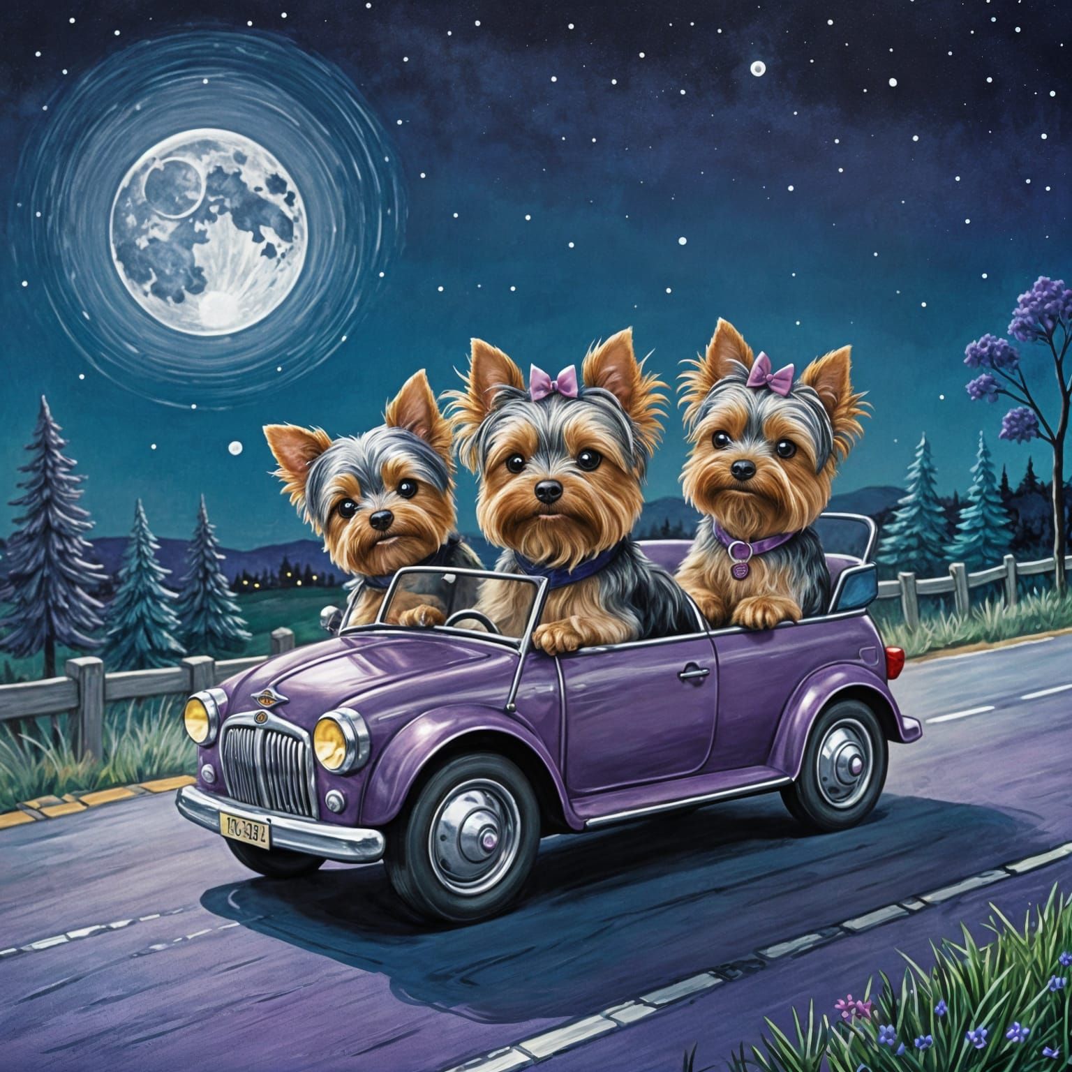 Whimsical Moonlit Adventure with Three Friendly Yorkie Dogs