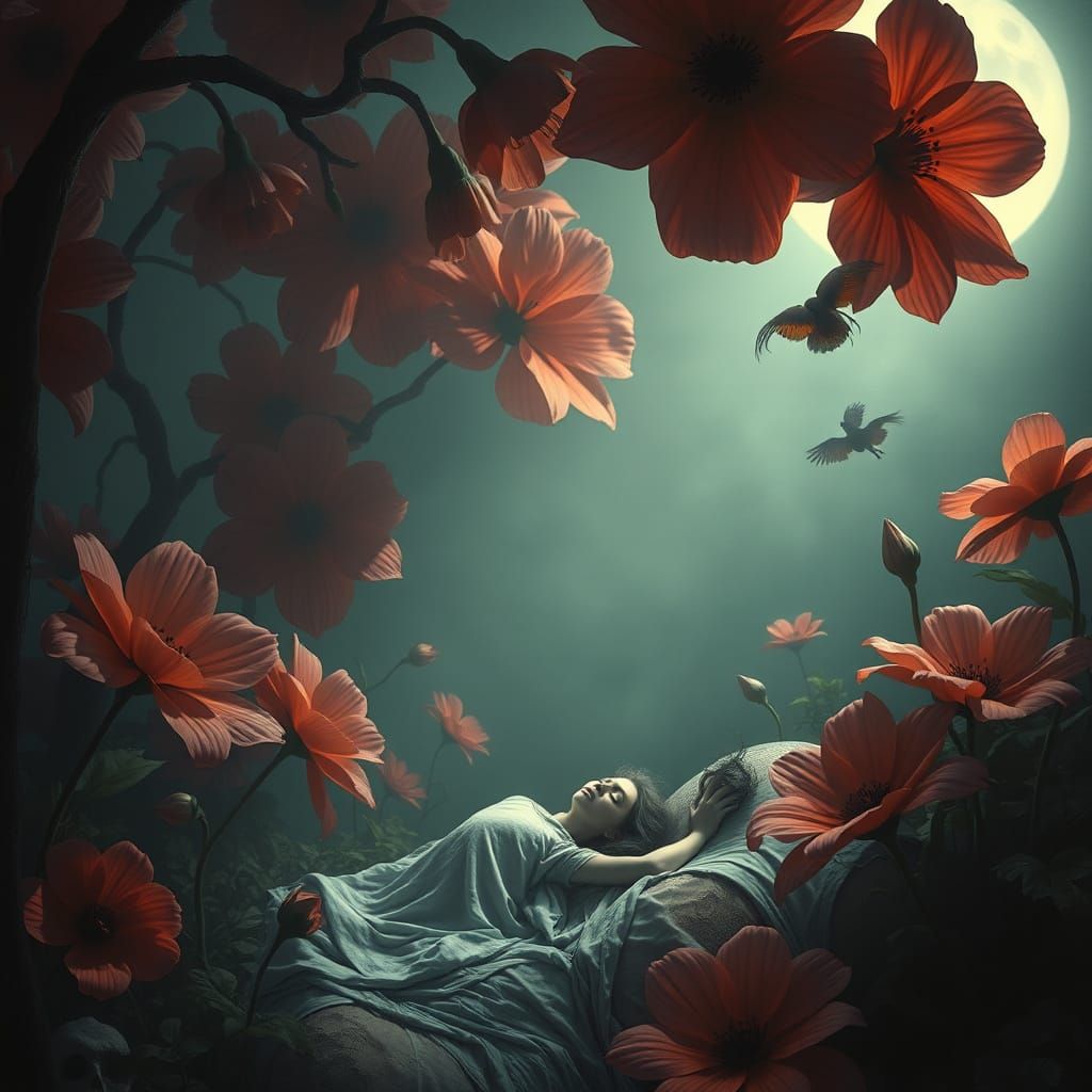 Dreamlike Ethereal Landscape with Figure and Spooky Flowers