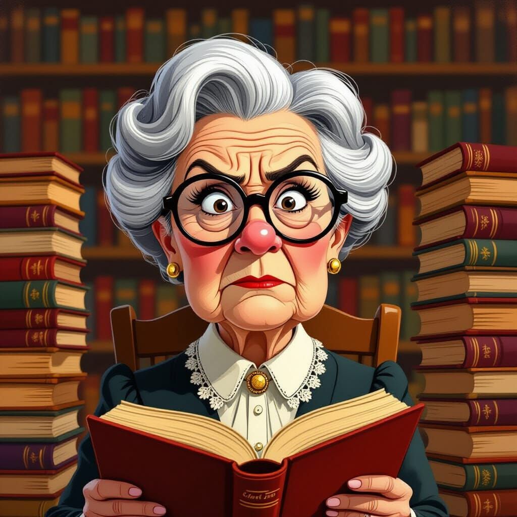 Caricature of Stern Librarian with Giant Nose and Books