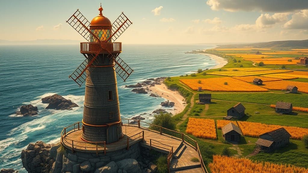 Steampunk Lighthouse Windmill on Rugged Coast