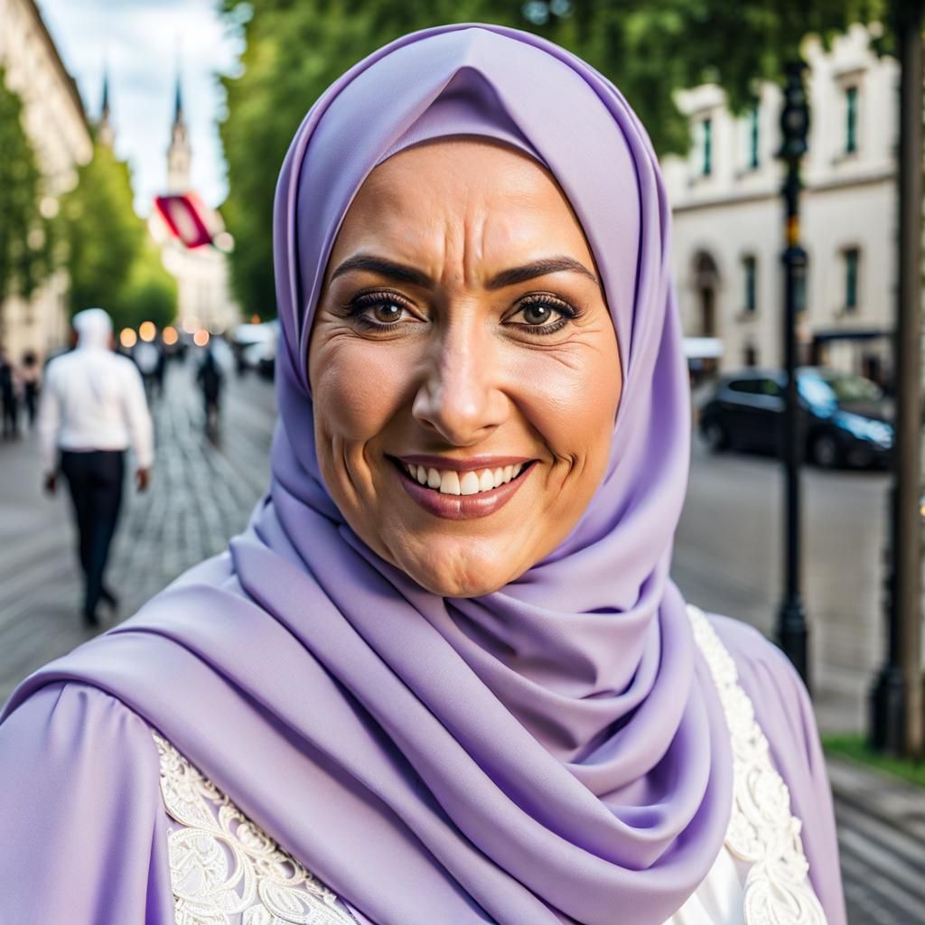 Curvy Woman in Hijab Smiling Portrait as Oil Painting