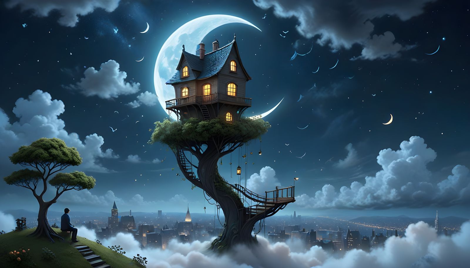 Whimsical Treehouse on Crescent Moon Over Cloud City