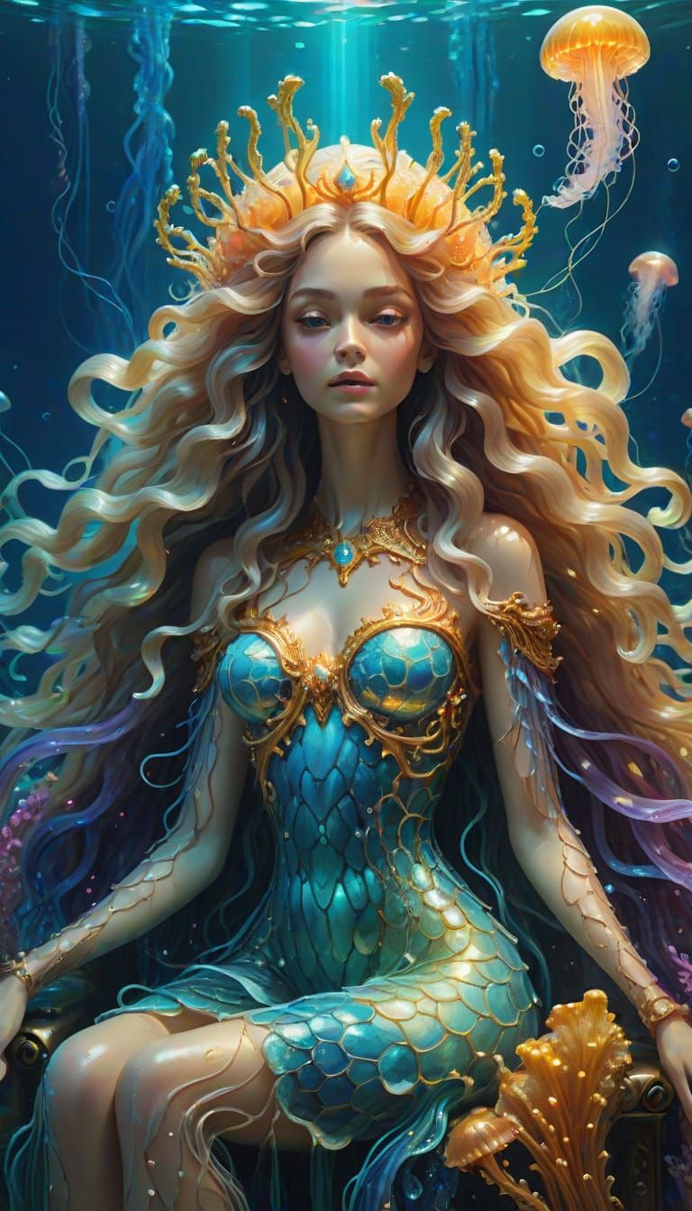 Undersea Goddess on Throne in Vibrant Oil Painting