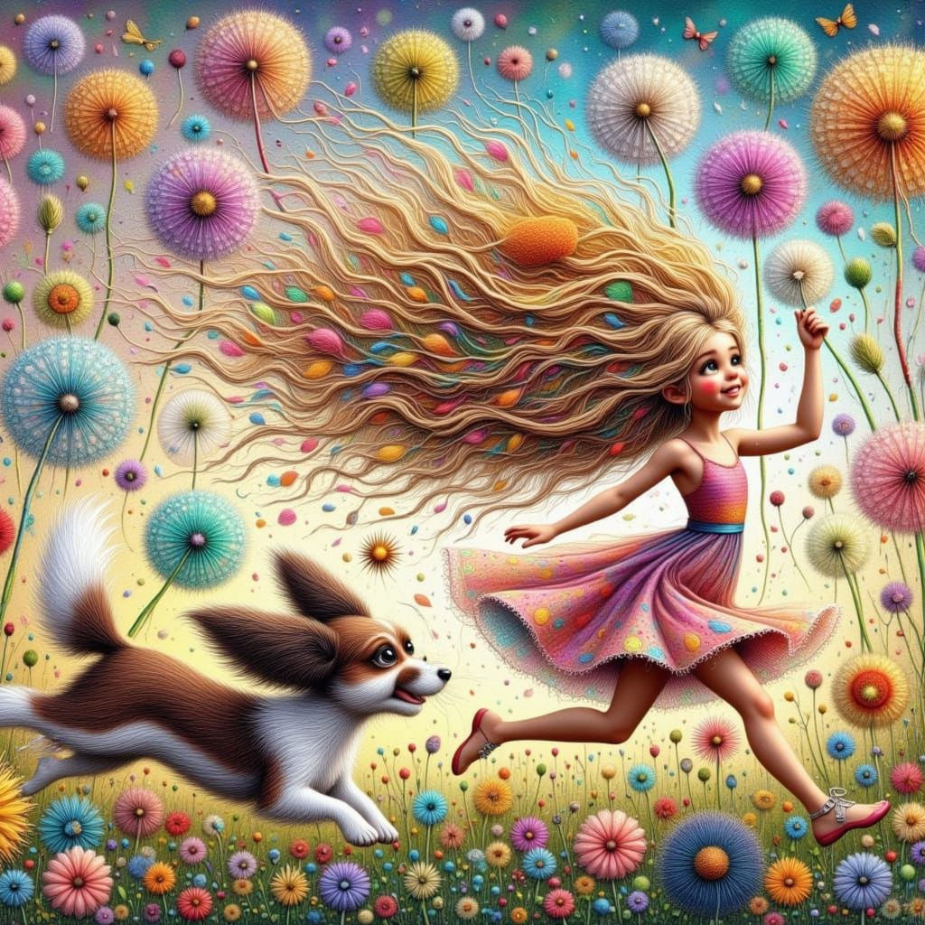 Whimsical Girl Chases Dog Through Whispering Flower Meadow