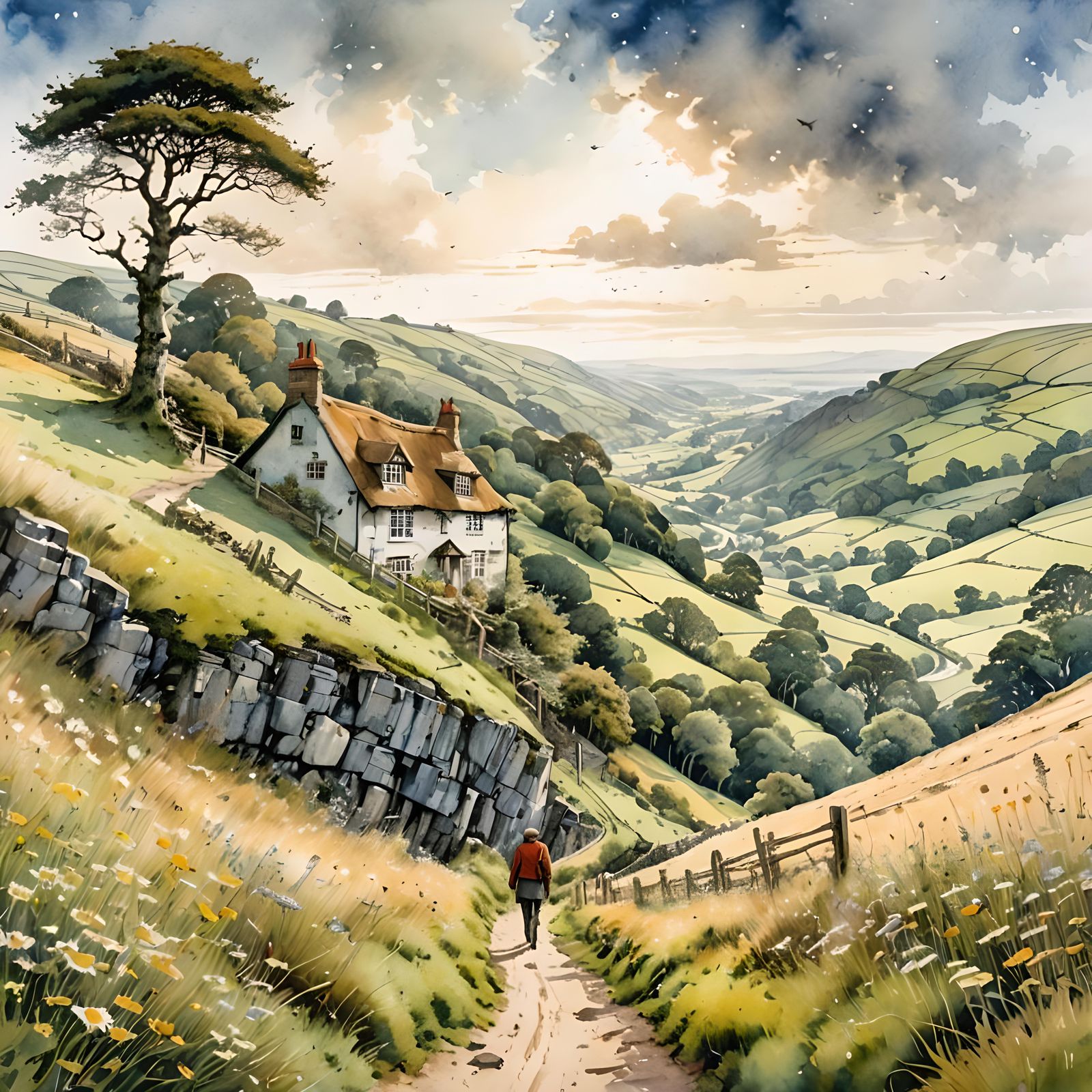 Nostalgic Distant View Watercolour Art Nouveau Painting