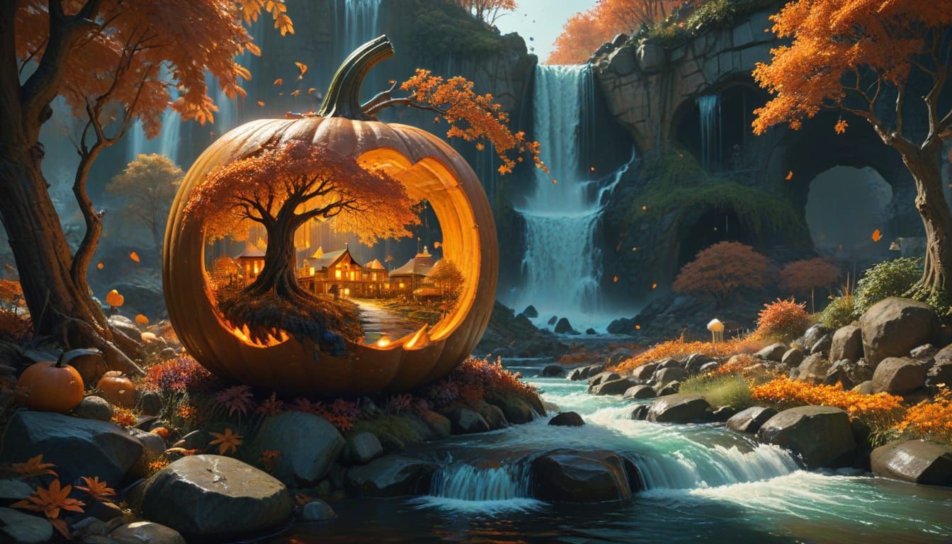 Autumn Village Inside Ornate Carved Pumpkin
