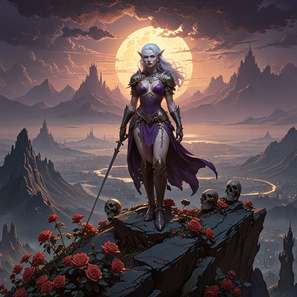 Albino Elf Warrior on Mountain Peak in Dark Fantasy Art