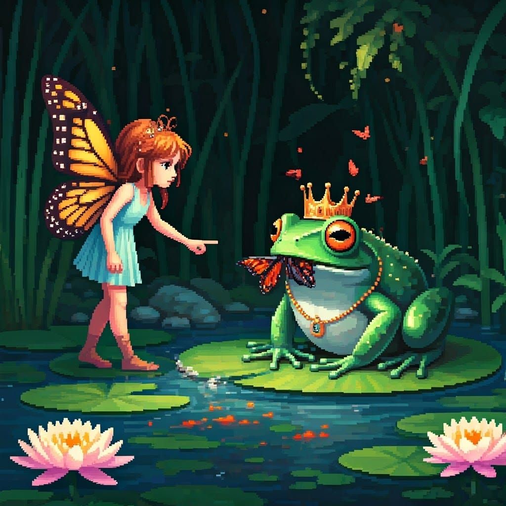 Fairy Accuses Frog King: Pixel Art Illustration