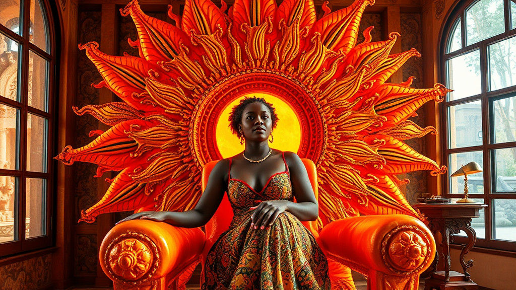 Surreal Woman in Sun and Moon Chair, Maximalist Art