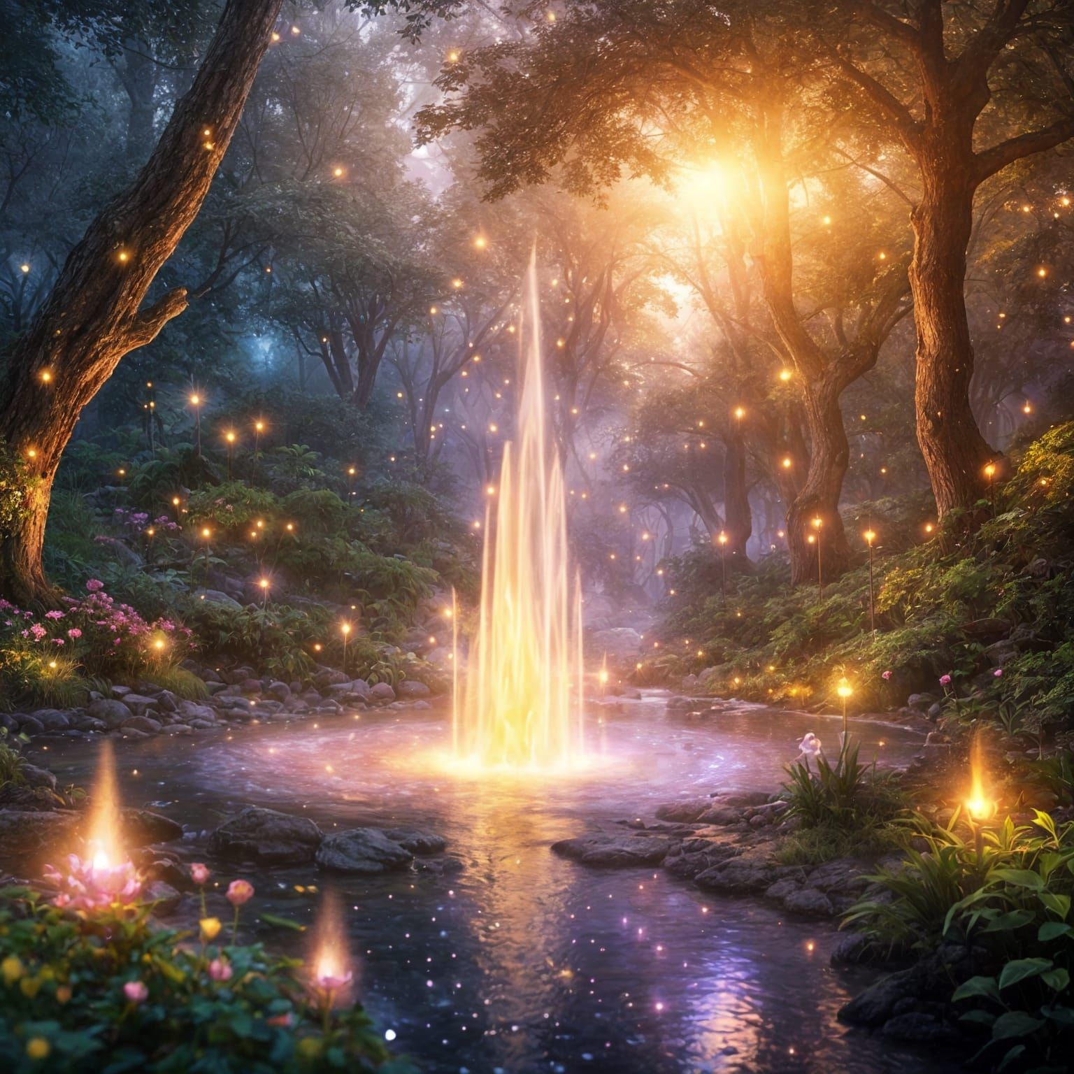 Glowing Magic Fountain in Forest Clearing