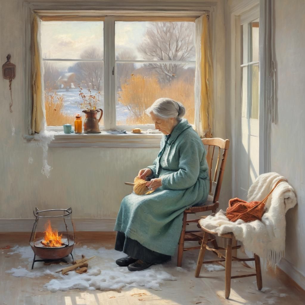 Cozy Granny Knitting: Impressionist Oil Painting